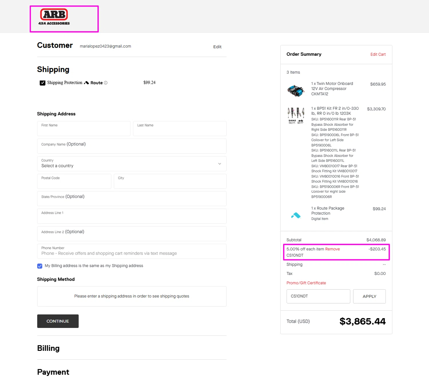 ARB coupon code screenshot showing code CS10NDT applied at ARB checkout page. Uploaded by SimplyCodes community member mrdarcy on Sep 30, 2025