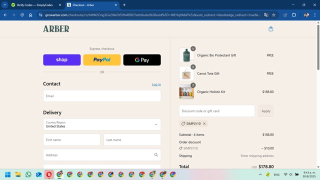 Arber checkout page showing Arber discount code box | Screenshot taken by SimplyCodes community member on Aug 30, 2025