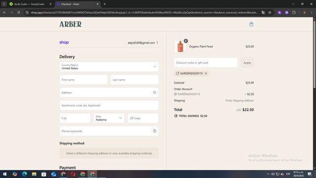 Arber checkout page showing Arber discount code box | Screenshot taken by SimplyCodes community member on Aug 30, 2025
