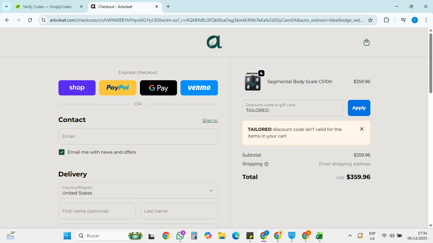 Arboleaf promo code screenshot showing code TAILORED applied at Arboleaf checkout page. Uploaded by SimplyCodes community member FRANCYCASERES12 on Dec 6, 2025