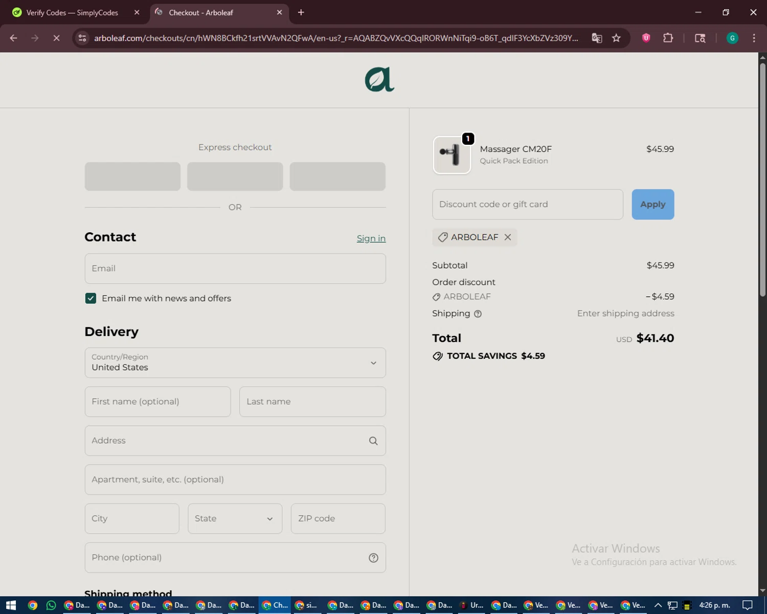 Arboleaf promo code screenshot showing code ARBOLEAF applied at Arboleaf checkout page. Uploaded by SimplyCodes community member PennyFinder5759 on Jan 29, 2026