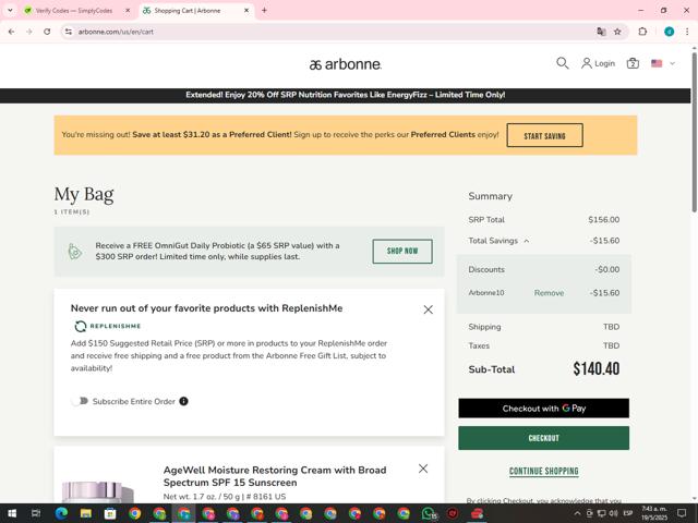 Arbonne checkout page showing Arbonne promo code box | Screenshot taken by SimplyCodes community member on May 19, 2025