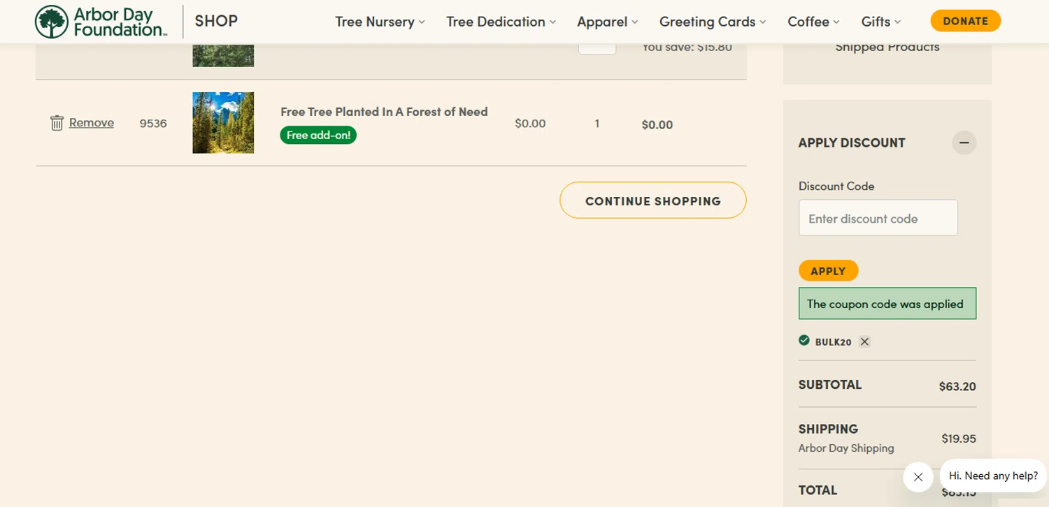 Arbor Day Foundation promo code screenshot showing code BULK20 applied at Arbor Day Foundation checkout page. Uploaded by SimplyCodes community member PaulSkenes on May 26, 2026