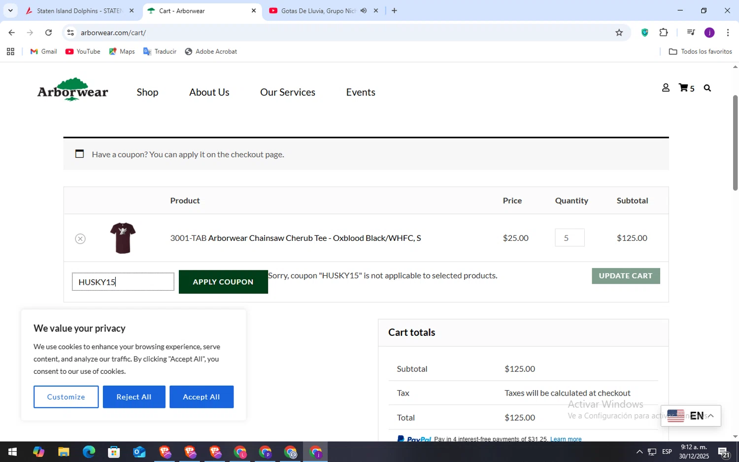 Arborwear promo code screenshot showing code HUSKY15 applied at Arborwear checkout page. Uploaded by SimplyCodes community member VoucherSpotter6910 on Dec 30, 2025