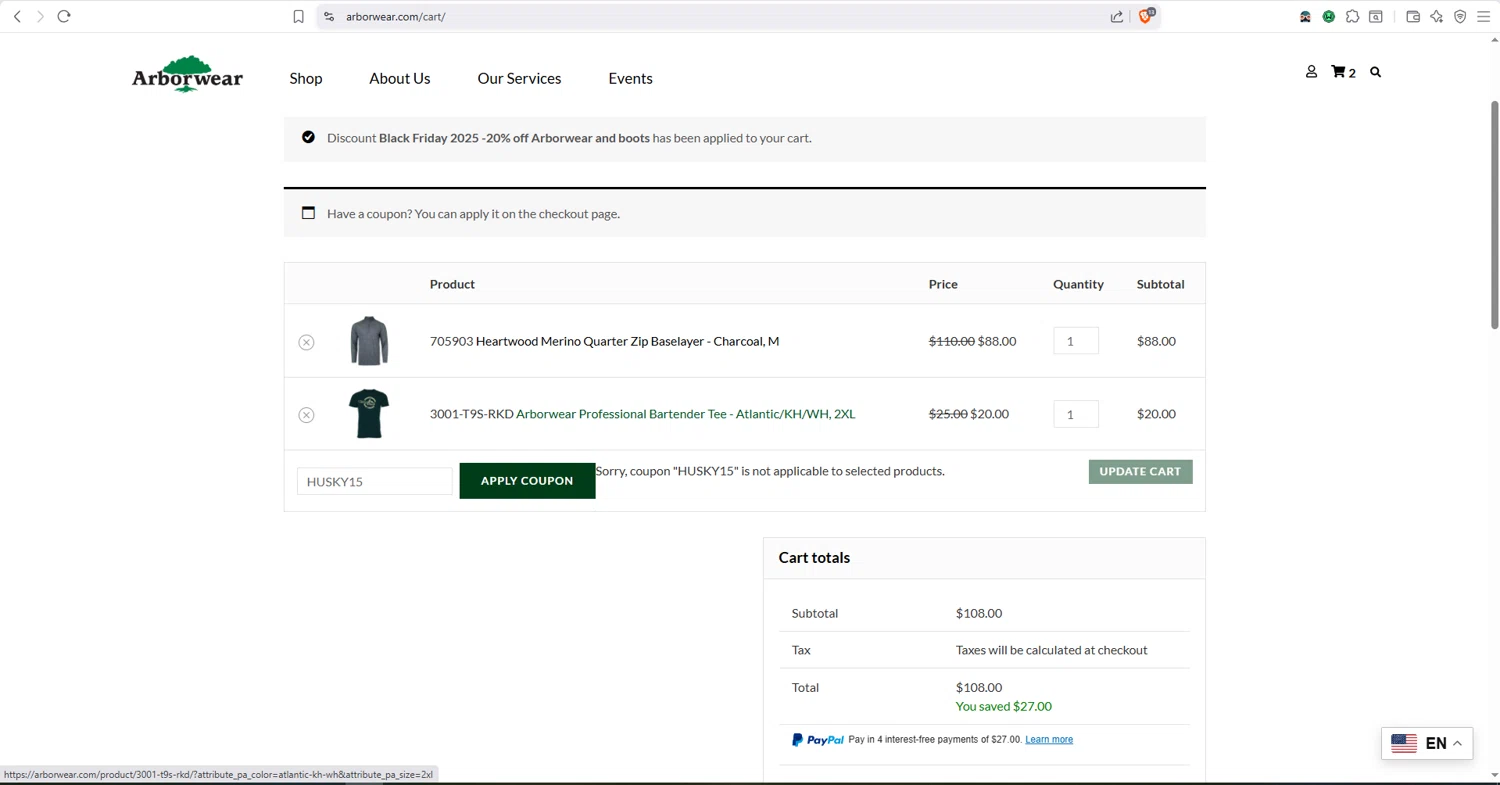 Arborwear promo code screenshot showing code HUSKY15 applied at Arborwear checkout page. Uploaded by SimplyCodes community member dayselis15 on Dec 1, 2025