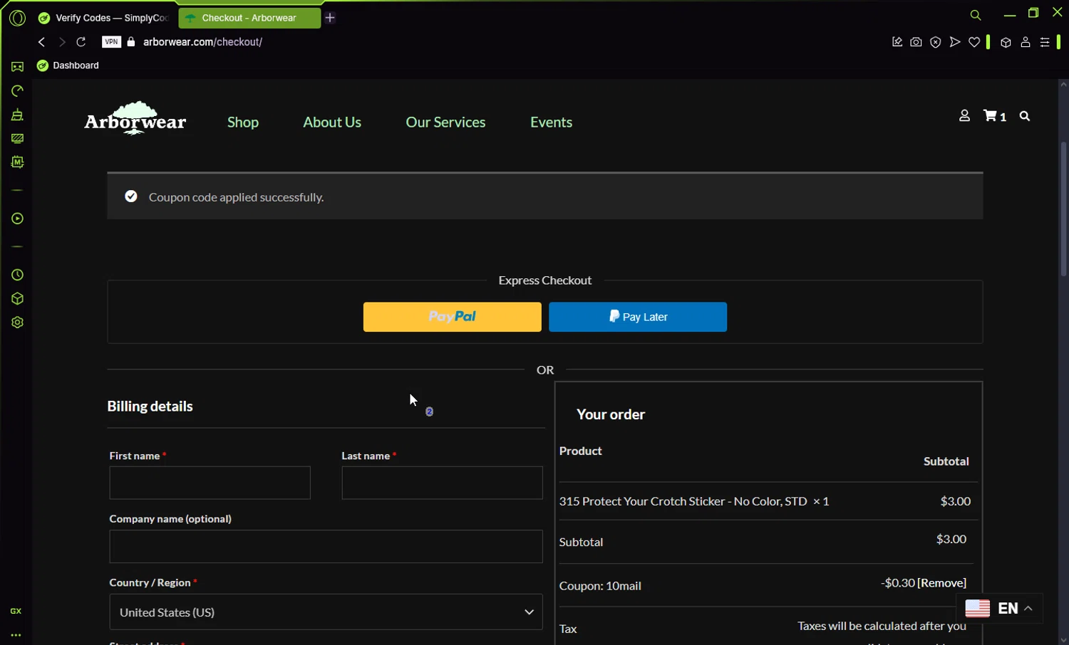 Arborwear promo code screenshot showing code 10MAIL applied at Arborwear checkout page. Uploaded by SimplyCodes community member Jisus007 on Jan 4, 2025