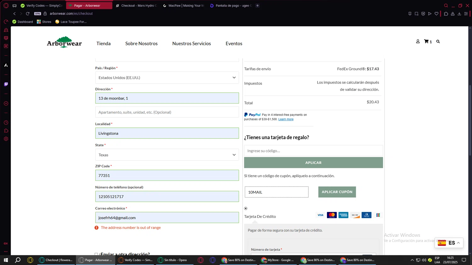 Arborwear promo code screenshot showing code 10MAIL applied at Arborwear checkout page. Uploaded by SimplyCodes community member ValueWarden4201 on Jul 23, 2025