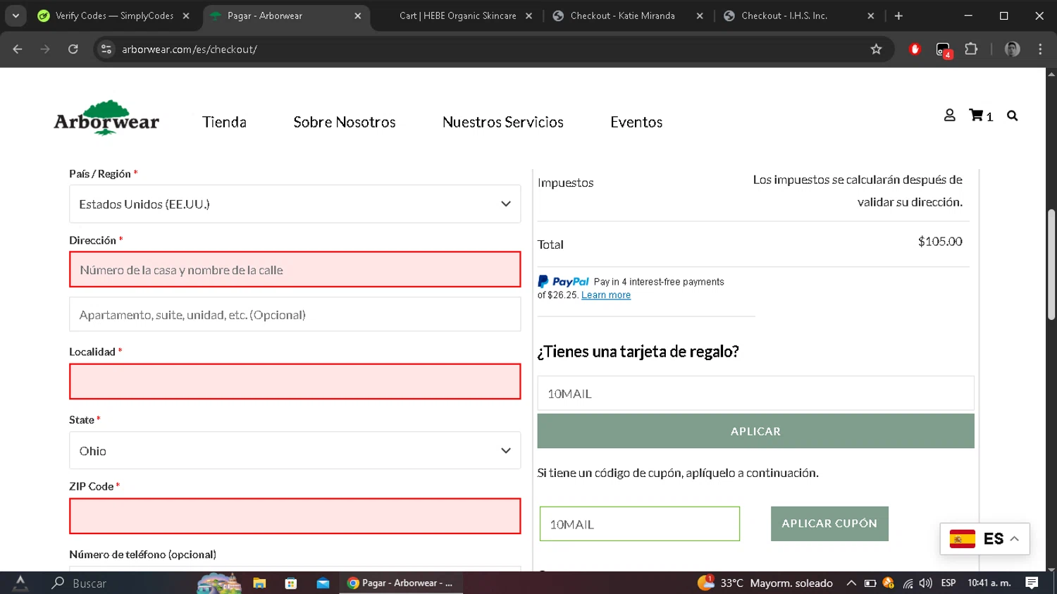 Arborwear promo code screenshot showing code 10MAIL applied at Arborwear checkout page. Uploaded by SimplyCodes community member morel09 on Jul 23, 2025