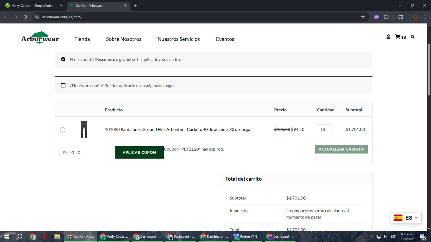 Arborwear promo code screenshot showing code PETZL20 applied at Arborwear checkout page. Uploaded by SimplyCodes community member ExtraordinaryHunter3076 on Aug 13, 2025