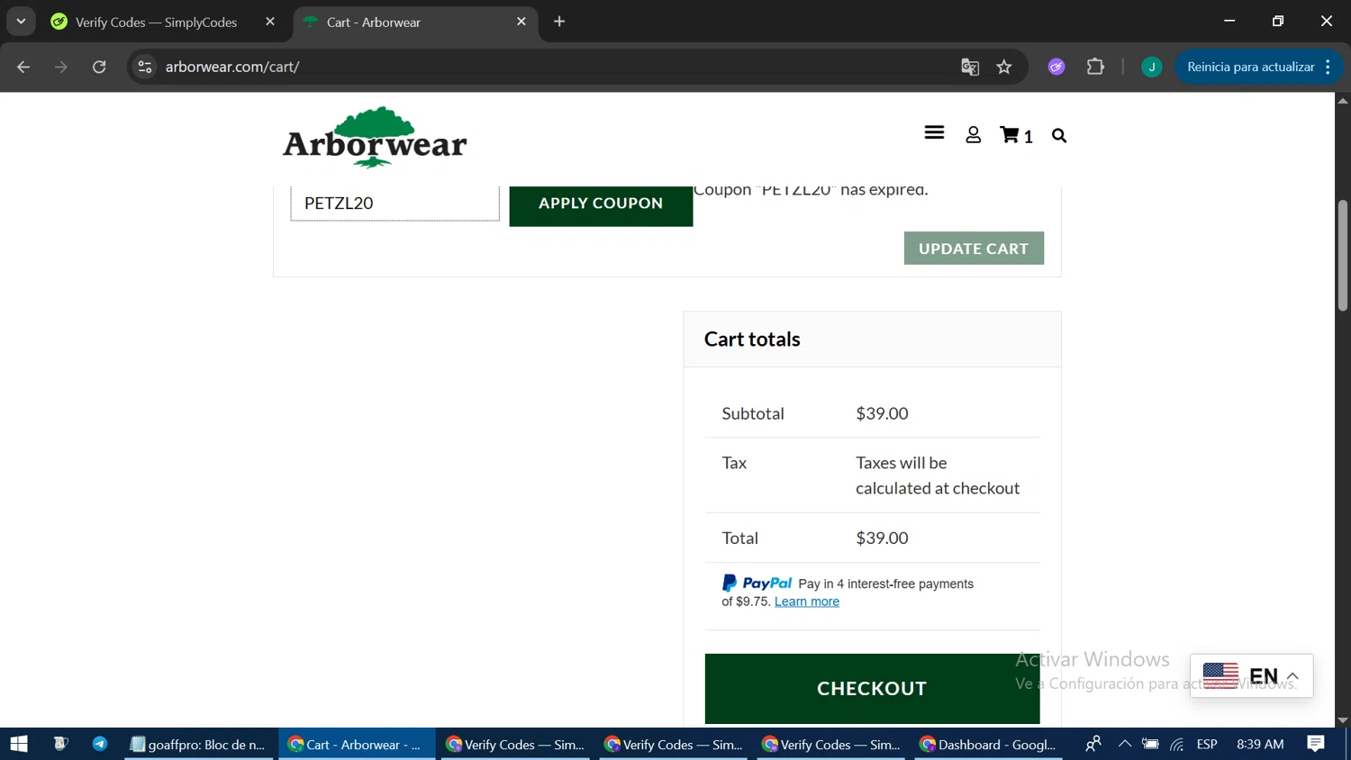 Arborwear promo code screenshot showing code PETZL20 applied at Arborwear checkout page. Uploaded by SimplyCodes community member LuckyPioneer1051 on Aug 13, 2025