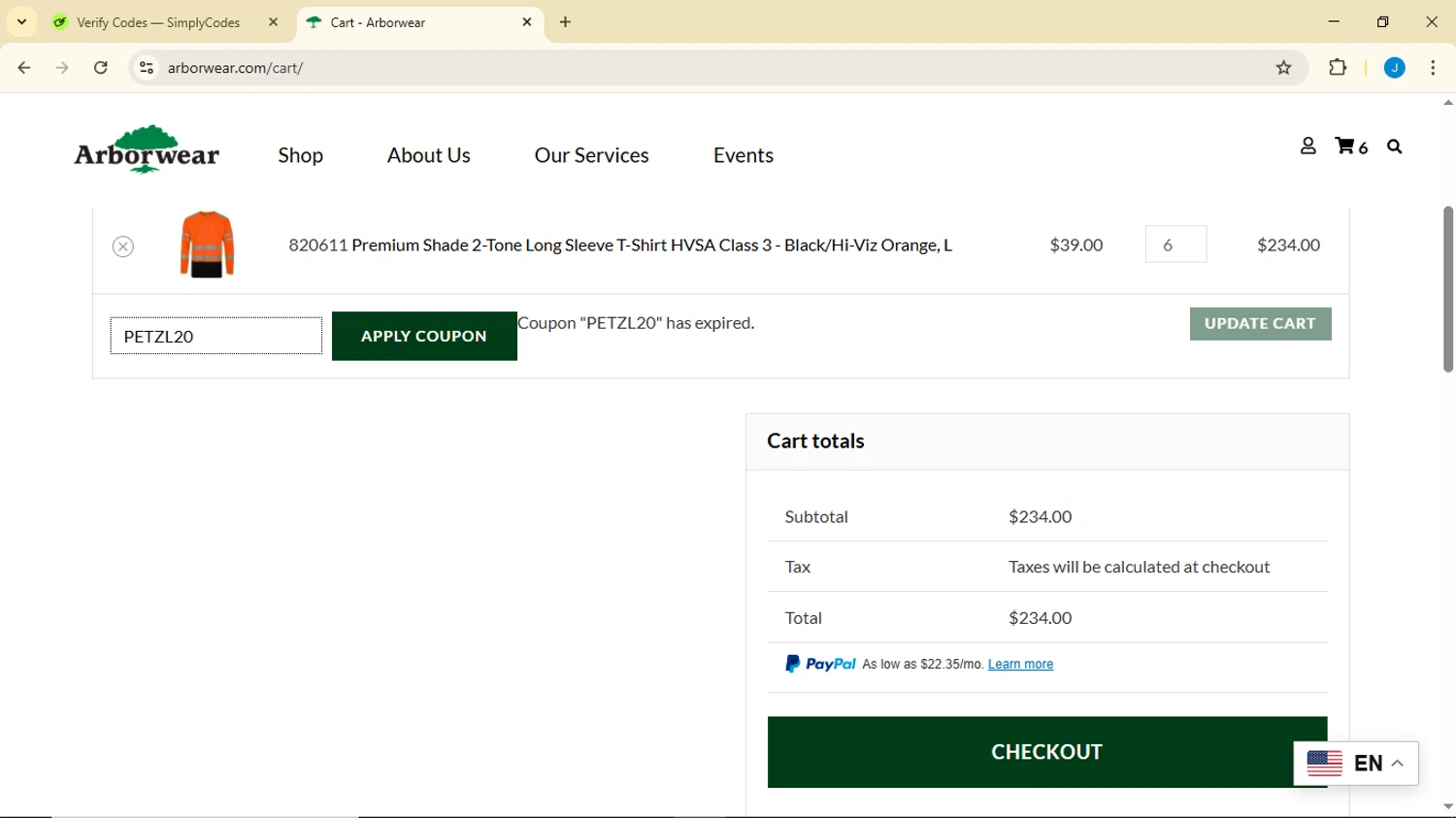 Arborwear promo code screenshot showing code PETZL20 applied at Arborwear checkout page. Uploaded by SimplyCodes community member Luisitoxd12 on Aug 13, 2025