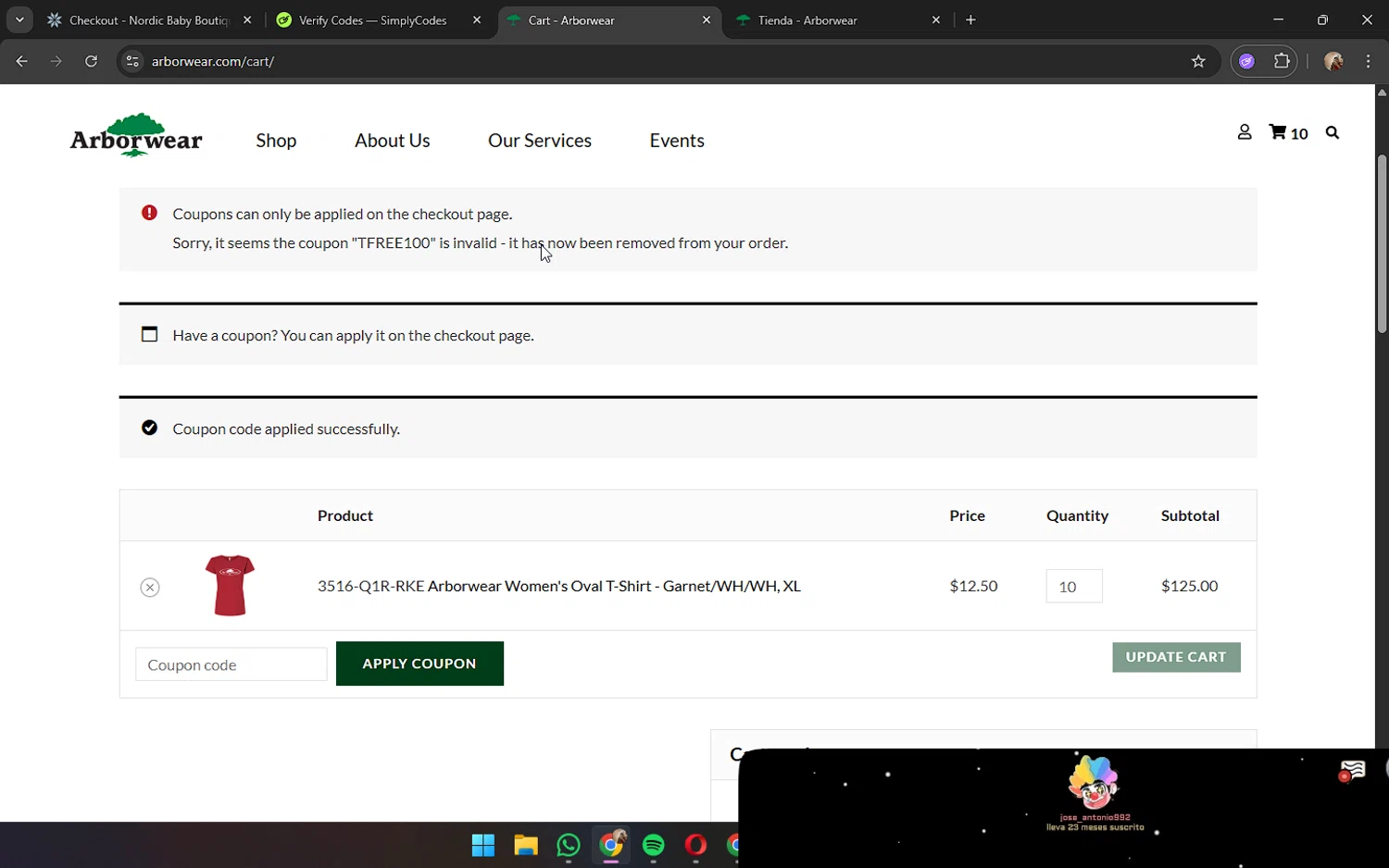 Arborwear promo code screenshot showing code TFREE100 applied at Arborwear checkout page. Uploaded by SimplyCodes community member JennaOrtega on Aug 13, 2025