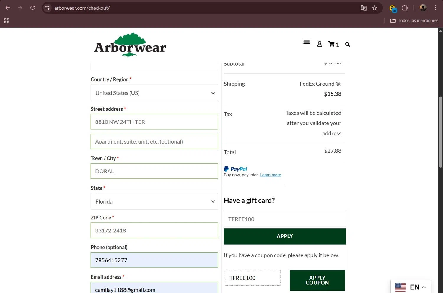 Arborwear promo code screenshot showing code TFREE100 applied at Arborwear checkout page. Uploaded by SimplyCodes community member Milaya on Jul 22, 2025