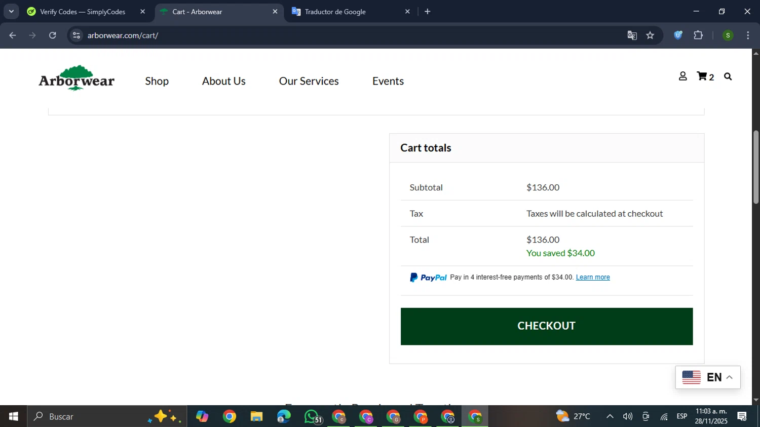 Arborwear promo code screenshot showing code TFREE100 applied at Arborwear checkout page. Uploaded by SimplyCodes community member RewardMaverick445 on Nov 28, 2025