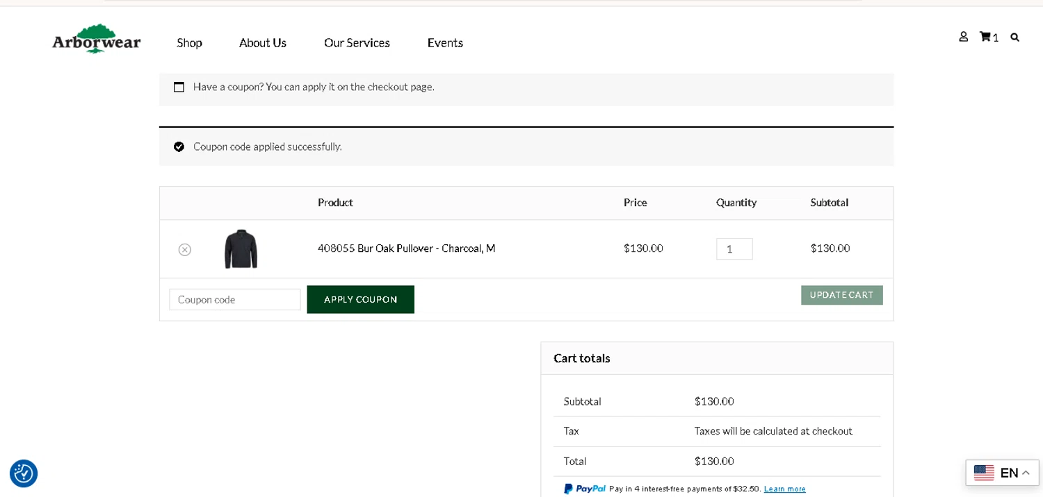 Arborwear checkout page showing Arborwear promo code box | Screenshot taken by SimplyCodes community member on Jan 4, 2026