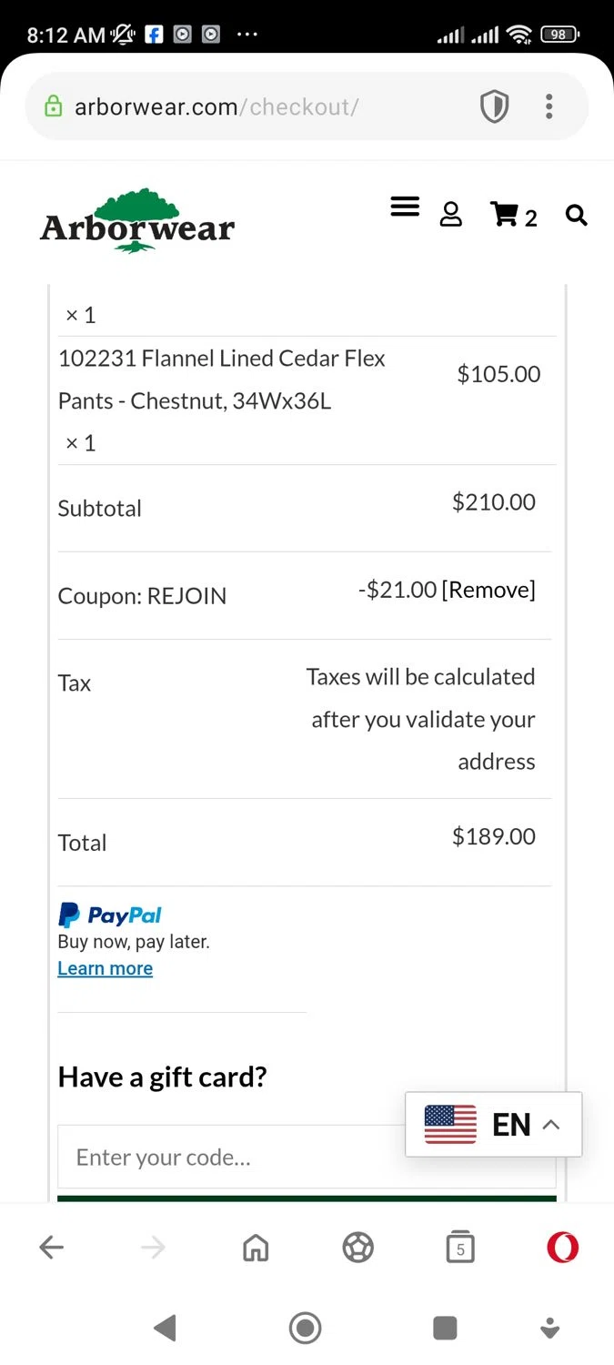 Arborwear promo code screenshot showing code Rejoin applied at Arborwear checkout page. Uploaded by SimplyCodes community member ELIEZERG on Nov 4, 2025