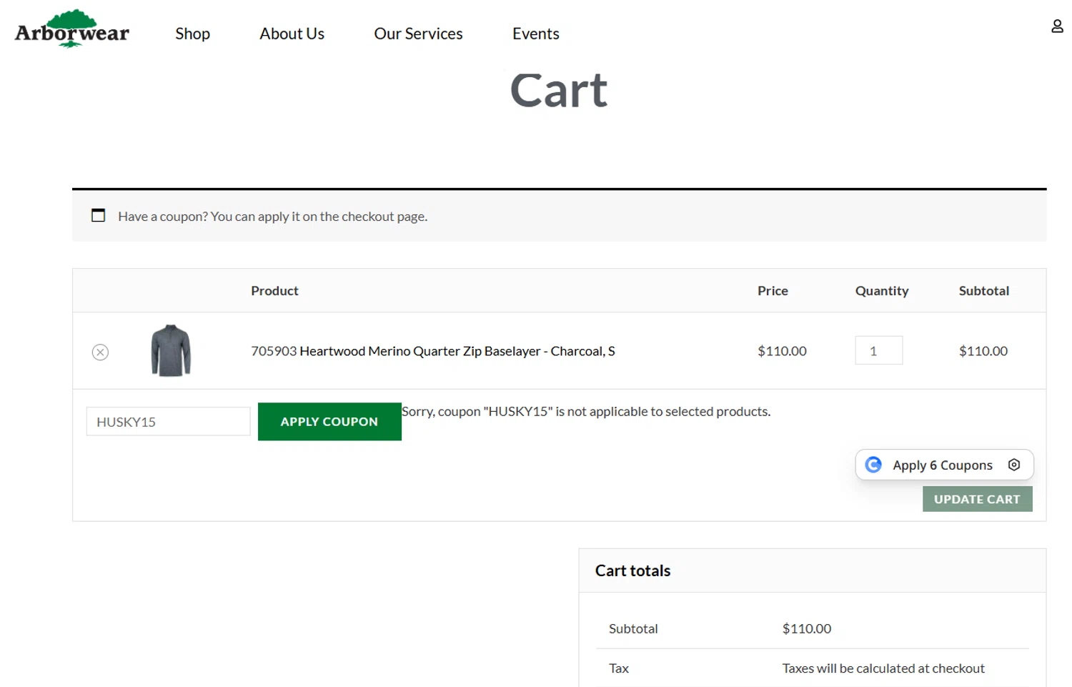 Arborwear promo code screenshot showing code HUSKY15 applied at Arborwear checkout page. Uploaded by SimplyCodes community member ricardoramirez1 on Dec 1, 2025