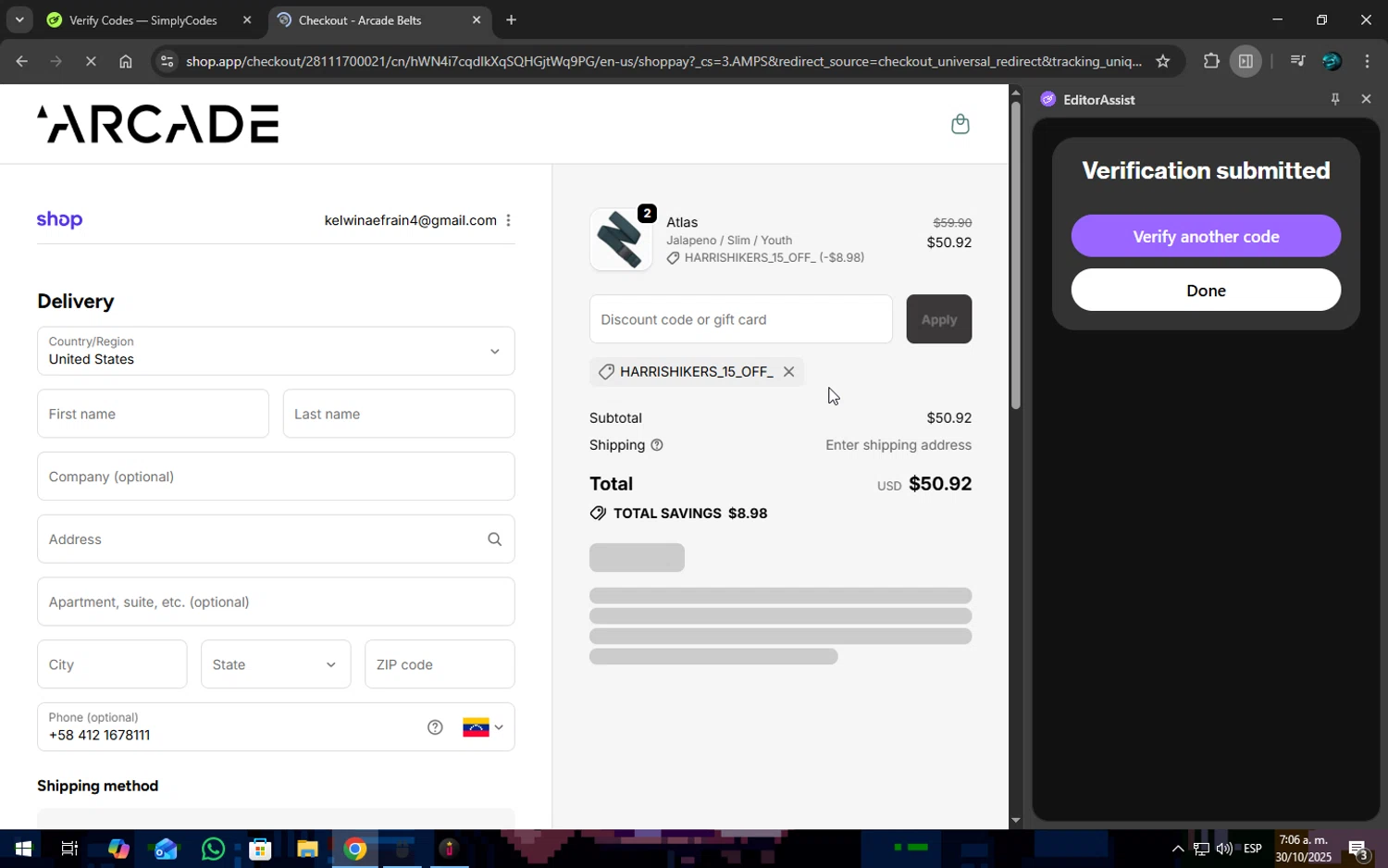 Arcade Belts US promo code screenshot showing code HARRISHIKERS_15_OFF_ applied at Arcade Belts US checkout page. Uploaded by SimplyCodes community member SOPACONPAN on Oct 30, 2025