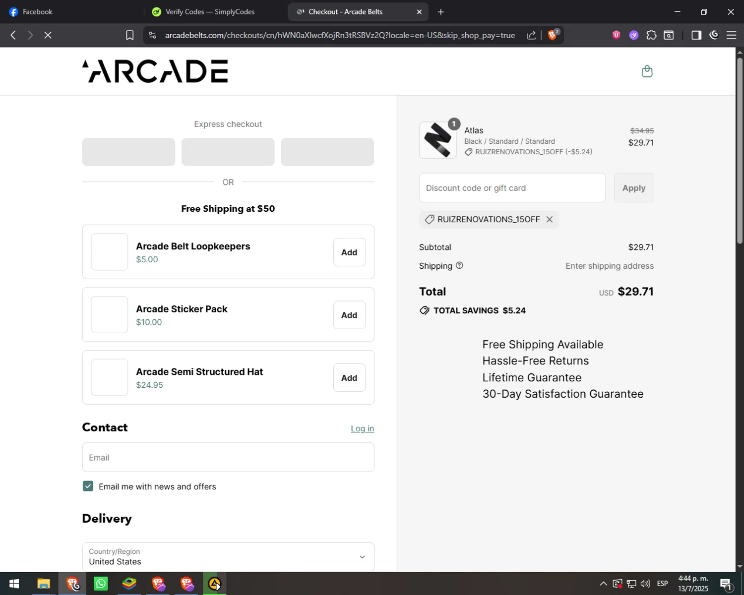 Arcade Belts US promo code screenshot showing code RUIZRENOVATIONS_15OFF applied at Arcade Belts US checkout page. Uploaded by SimplyCodes community member explorerr_exe on Jul 13, 2025