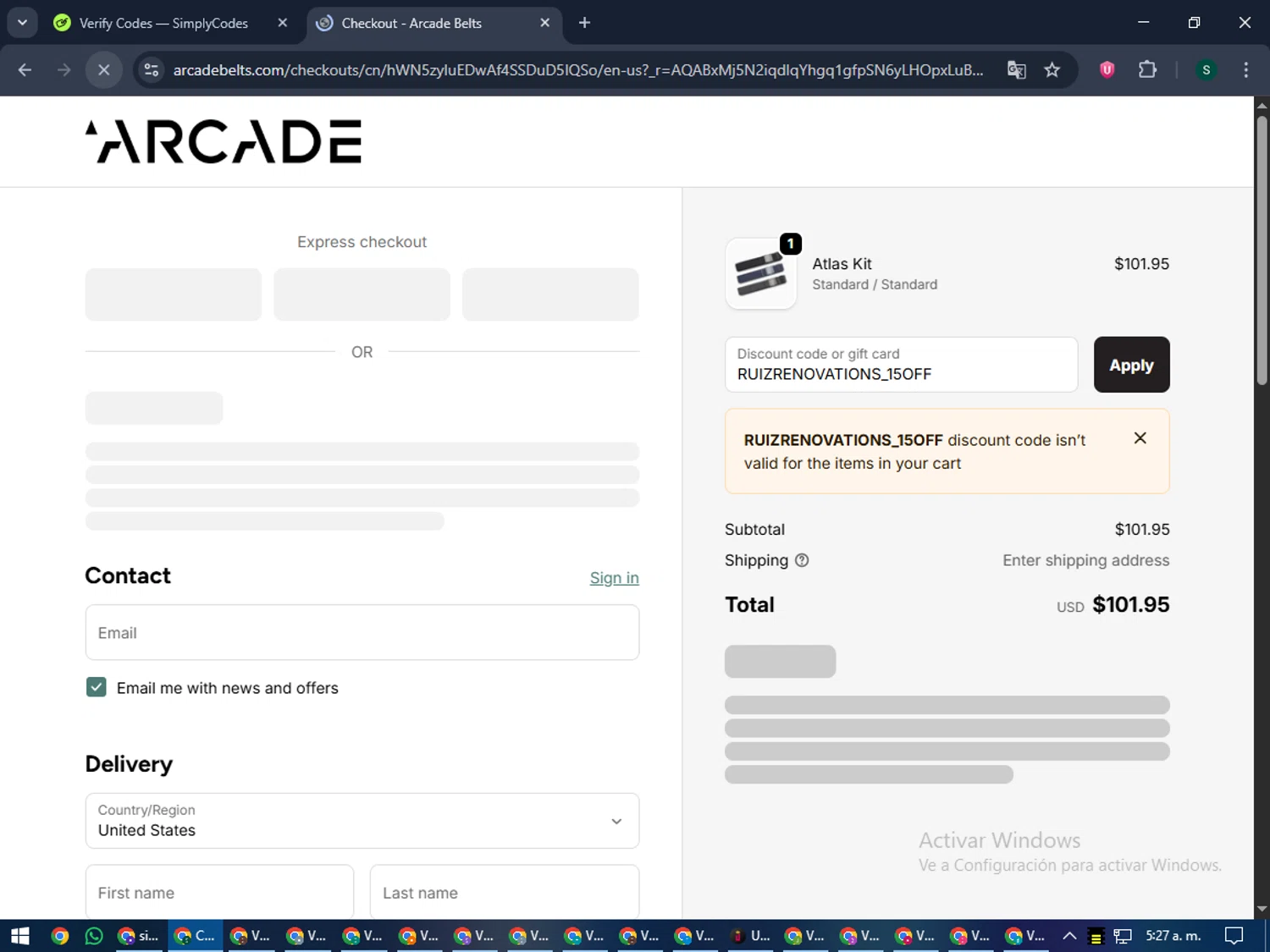 Arcade Belts US promo code screenshot showing code RUIZRENOVATIONS_15OFF applied at Arcade Belts US checkout page. Uploaded by SimplyCodes community member lilMosey on Dec 3, 2025
