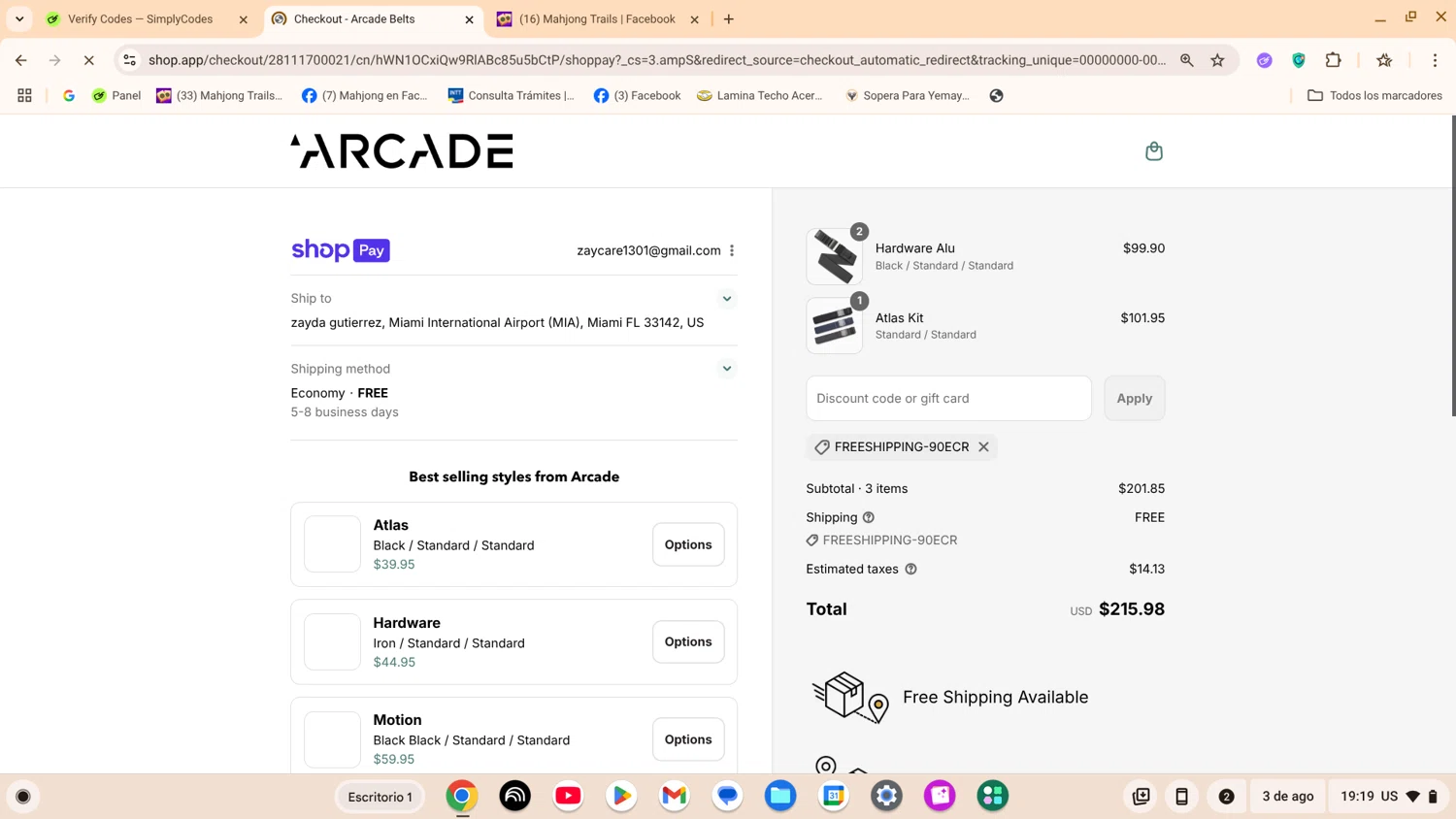 Arcade Belts US promo code screenshot showing code FREESHIPPING-90ECR applied at Arcade Belts US checkout page. Uploaded by SimplyCodes community member ShrewdExpert7367 on Aug 3, 2025