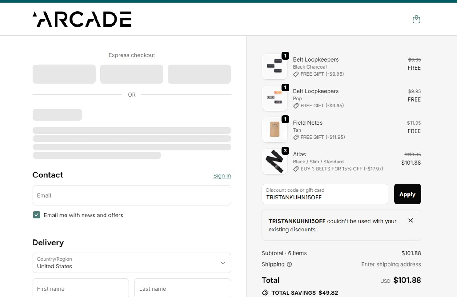 Arcade Belts US checkout page showing Arcade Belts US promo code box | Screenshot taken by SimplyCodes community member on Dec 14, 2025