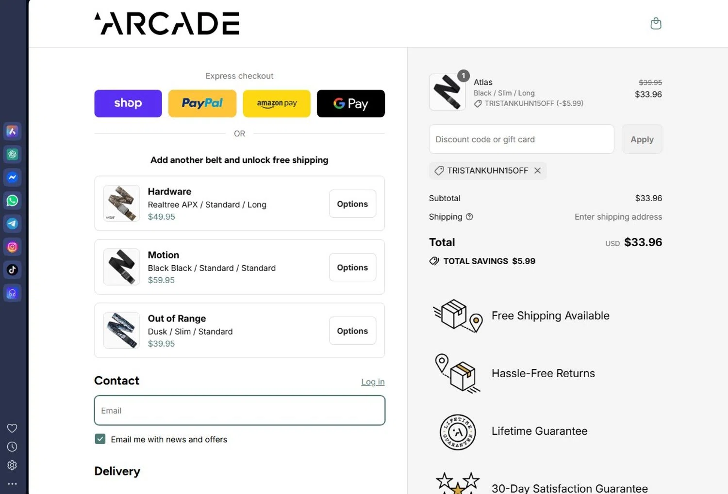 Arcade Belts US promo code screenshot showing code TRISTANKUHN15OFF applied at Arcade Belts US checkout page. Uploaded by SimplyCodes community member andrescarreraborges on Aug 29, 2025