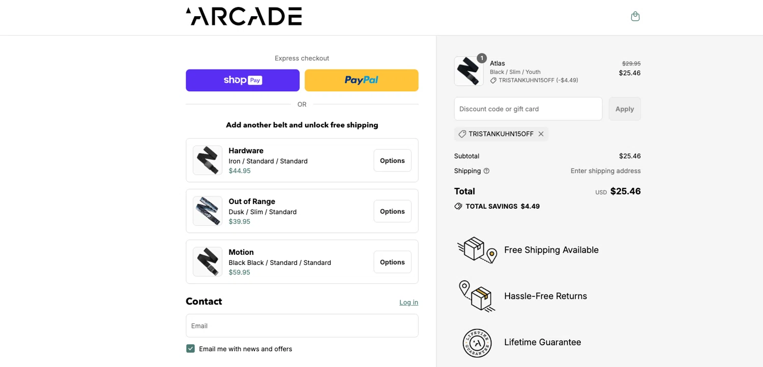 Arcade Belts US promo code screenshot showing code TRISTANKUHN15OFF applied at Arcade Belts US checkout page. Uploaded by SimplyCodes community member ELOIN777 on Aug 4, 2025