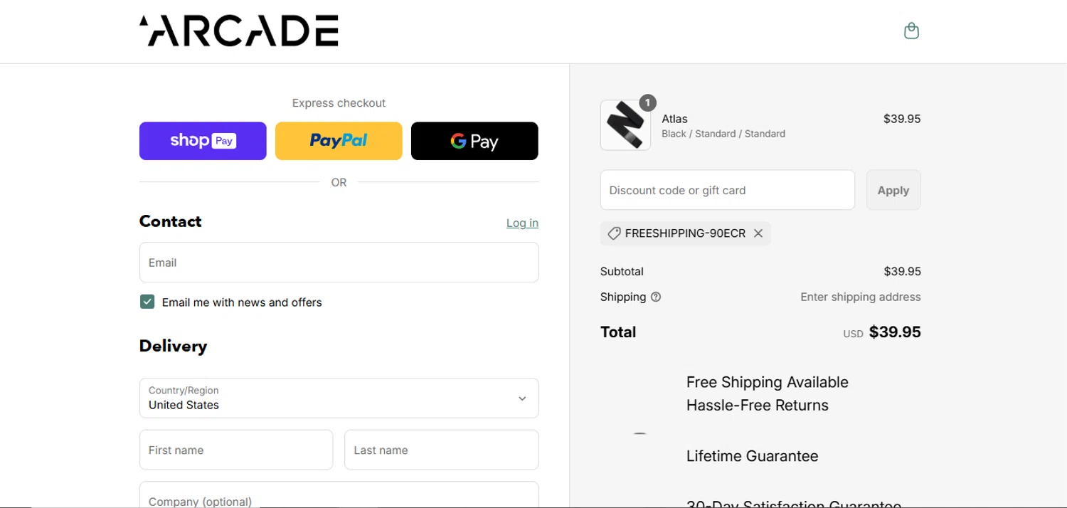 Arcade Belts US promo code screenshot showing code FREESHIPPING-90ECR applied at Arcade Belts US checkout page. Uploaded by SimplyCodes community member MagnificentAdmiral9096 on Aug 1, 2025