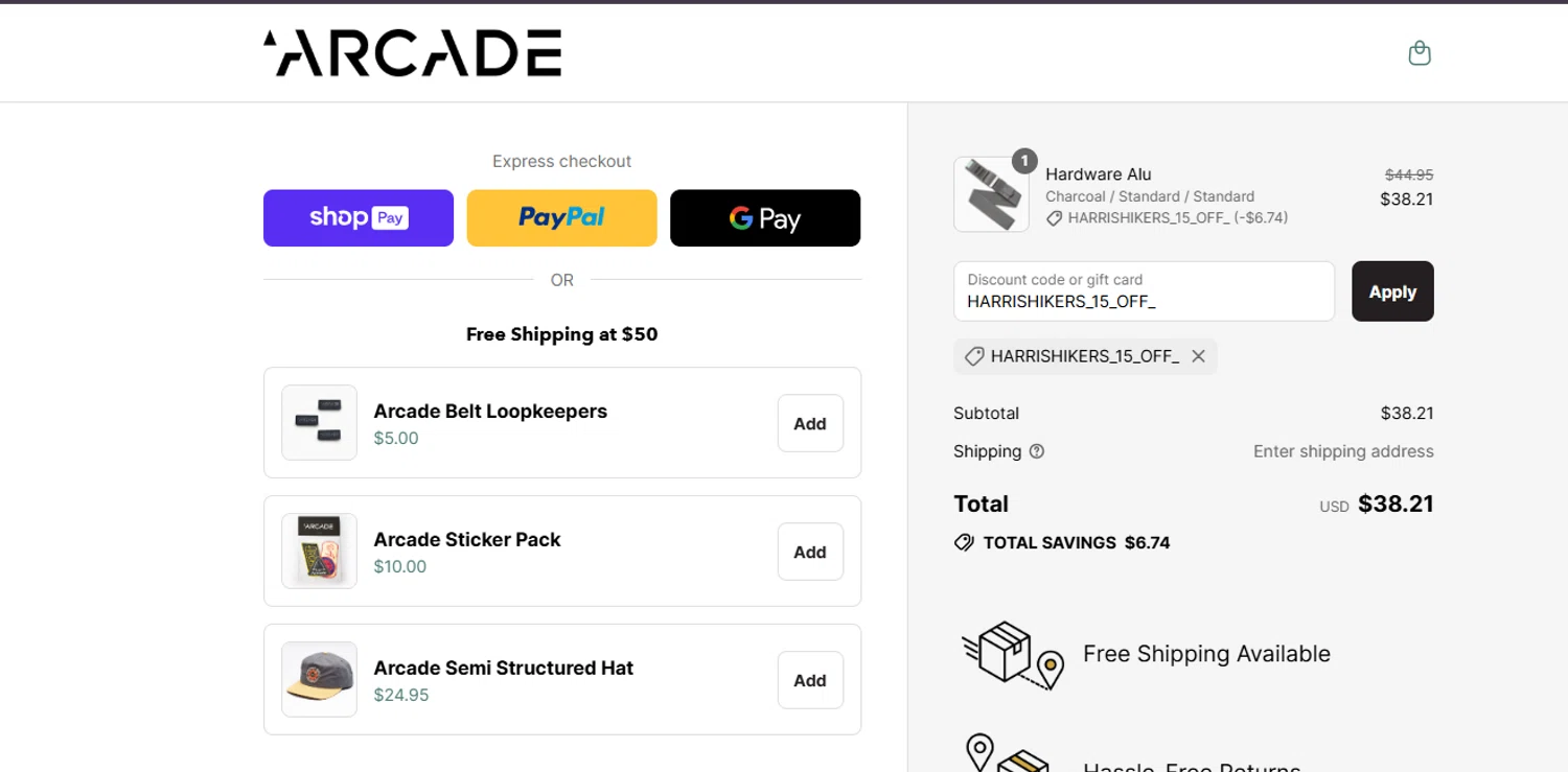 Arcade Belts US promo code screenshot showing code HARRISHIKERS_15_OFF_ applied at Arcade Belts US checkout page. Uploaded by SimplyCodes community member ashe1986 on Jul 11, 2025