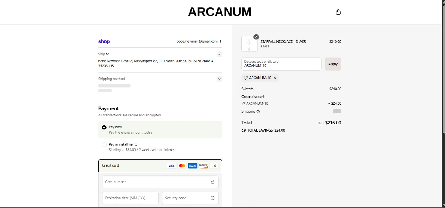 Arcanum LA promo code screenshot showing code ARCANUM-10 applied at Arcanum LA checkout page. Uploaded by SimplyCodes community member DiscountLion3937 on Aug 12, 2025