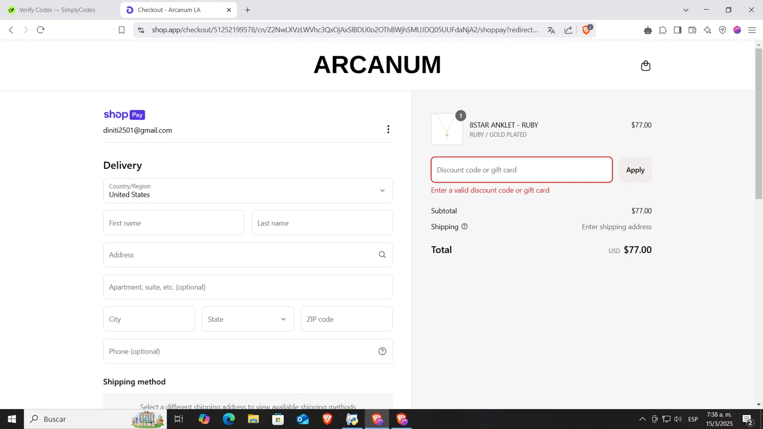 Arcanum LA promo code screenshot showing code VDAY14 applied at Arcanum LA checkout page. Uploaded by SimplyCodes community member AnthonyGTX on Mar 15, 2025