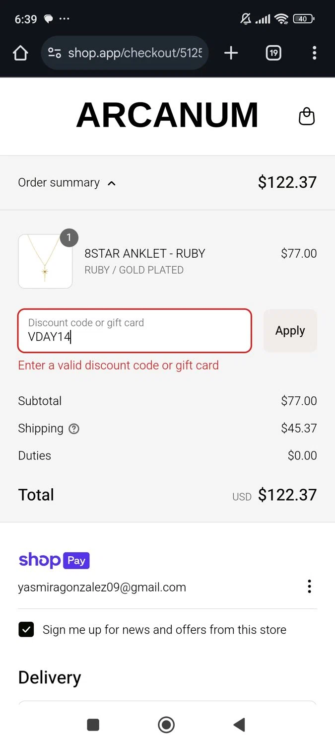 Arcanum LA promo code screenshot showing code VDAY14 applied at Arcanum LA checkout page. Uploaded by SimplyCodes community member Renery17 on Mar 15, 2025