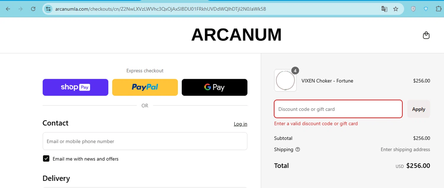 Arcanum LA promo code screenshot showing code VDAY14 applied at Arcanum LA checkout page. Uploaded by SimplyCodes community member carol_lameda on Mar 15, 2025