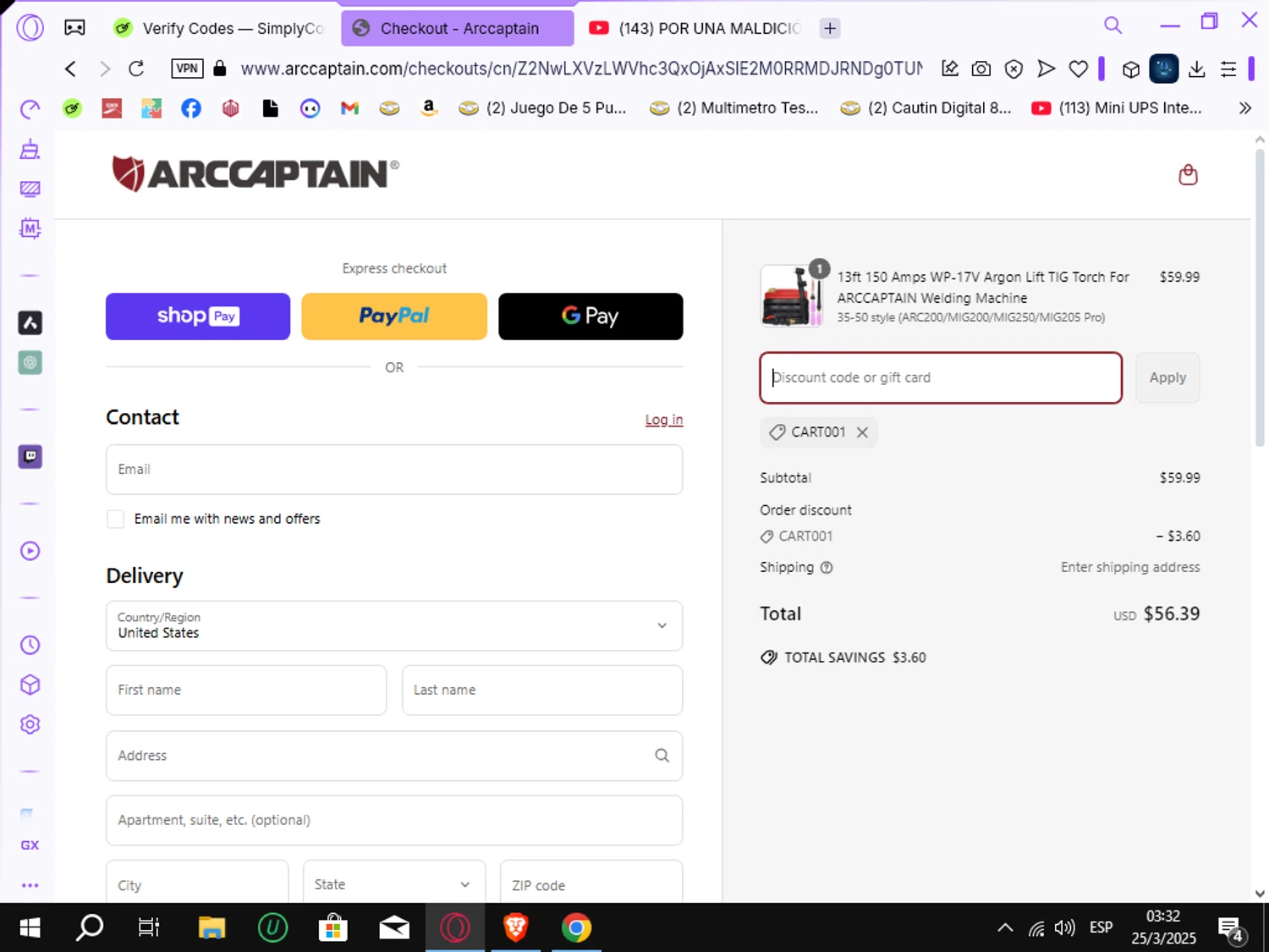 Arccaptain discount code screenshot showing code CART001 applied at Arccaptain checkout page. Uploaded by SimplyCodes community member Crchirino1 on Mar 25, 2025