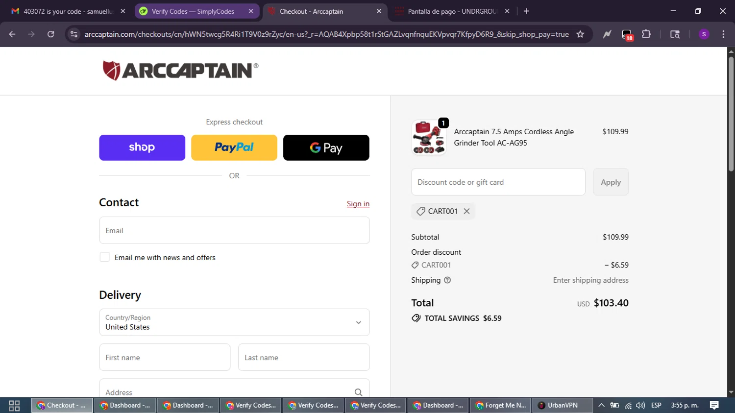 Arccaptain discount code screenshot showing code CART001 applied at Arccaptain checkout page. Uploaded by SimplyCodes community member ShieldWarden7838 on Nov 30, 2025