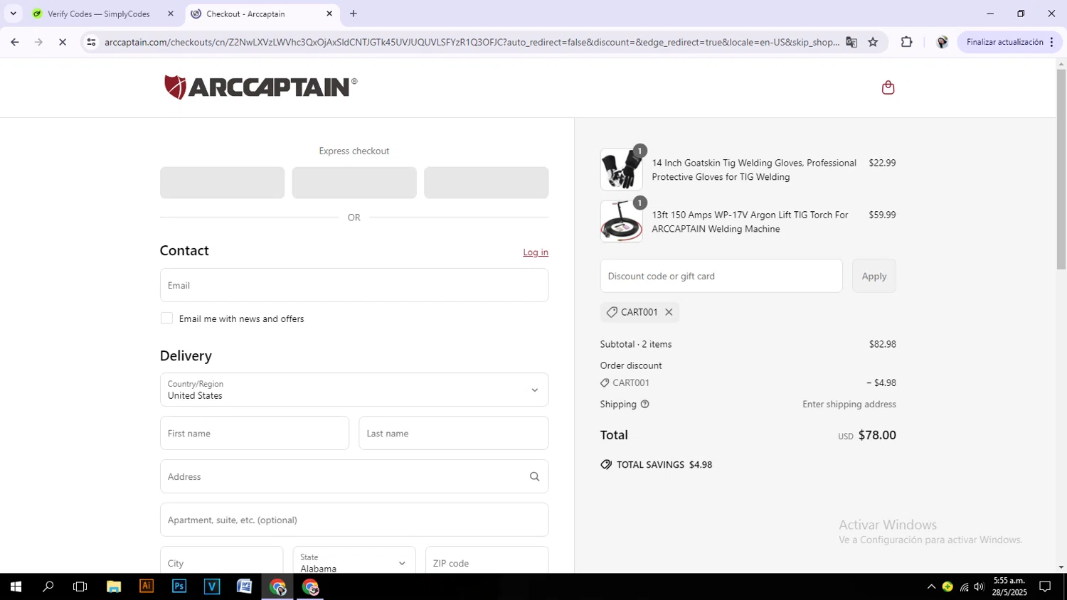 Arccaptain discount code screenshot showing code CART001 applied at Arccaptain checkout page. Uploaded by SimplyCodes community member girlpink on May 28, 2025
