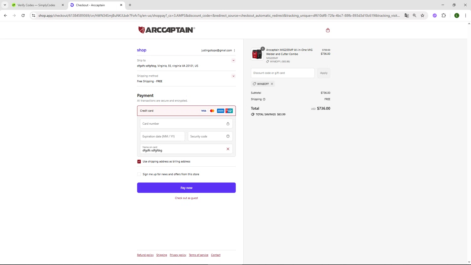 Arccaptain discount code screenshot showing code WIN8OFF applied at Arccaptain checkout page. Uploaded by SimplyCodes community member DUCATI on Sep 17, 2025