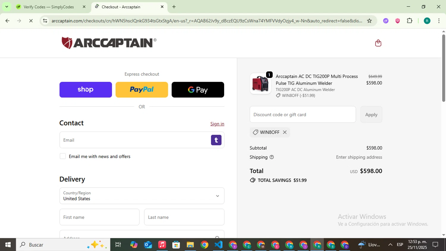 Arccaptain discount code screenshot showing code WIN8OFF applied at Arccaptain checkout page. Uploaded by SimplyCodes community member SavingsLegend387 on Nov 25, 2025