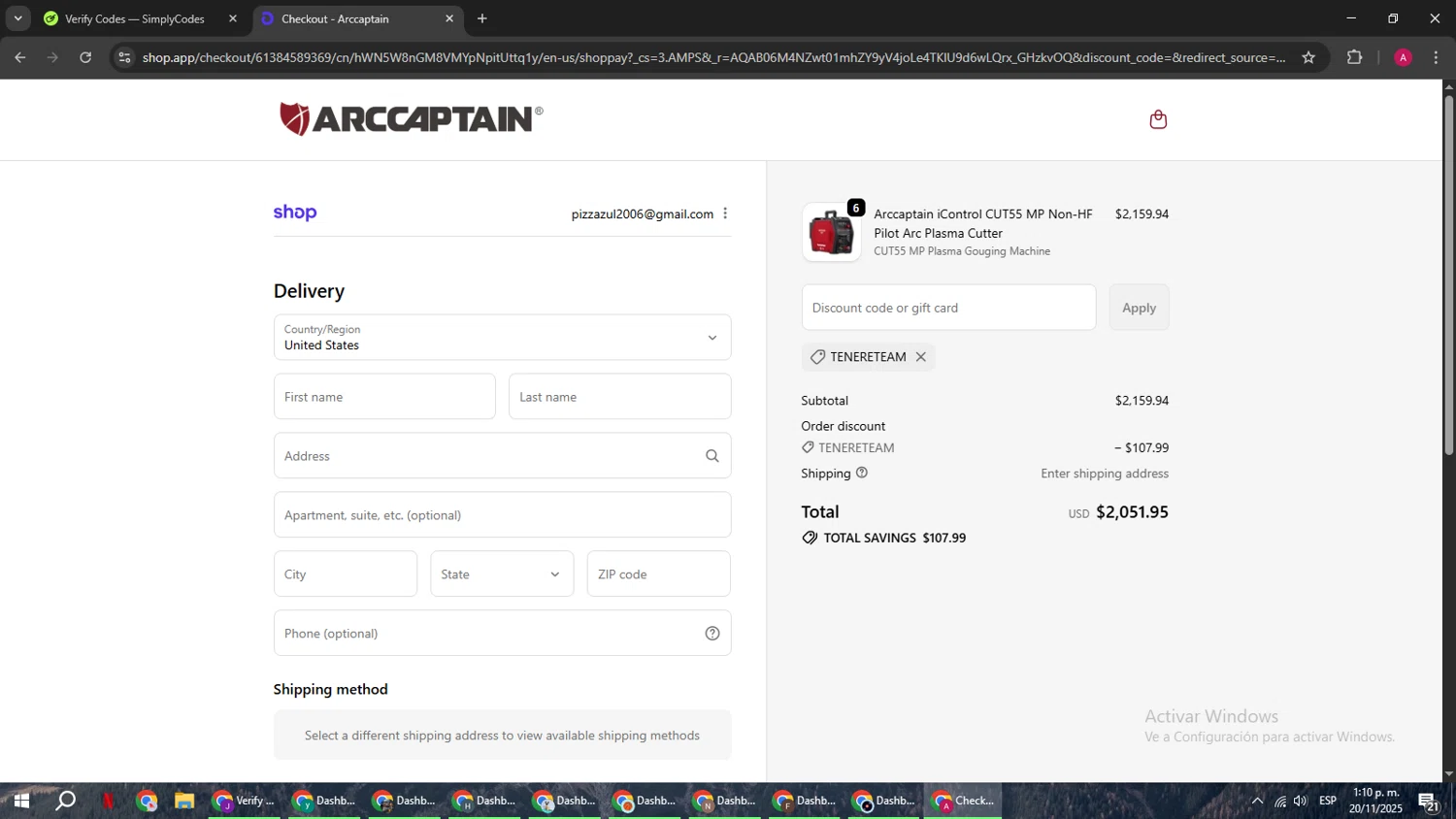 Arccaptain discount code screenshot showing code TENERETEAM applied at Arccaptain checkout page. Uploaded by SimplyCodes community member BMWGS1200 on Nov 20, 2025