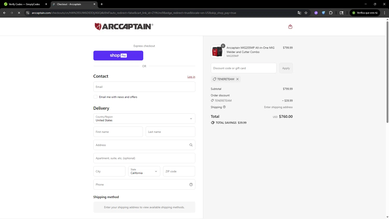 Arccaptain discount code screenshot showing code TENERETEAM applied at Arccaptain checkout page. Uploaded by SimplyCodes community member SAIKOO on Aug 23, 2025