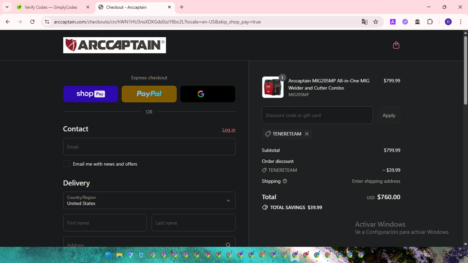 Arccaptain discount code screenshot showing code TENERETEAM applied at Arccaptain checkout page. Uploaded by SimplyCodes community member WonderLion2890 on Aug 1, 2025