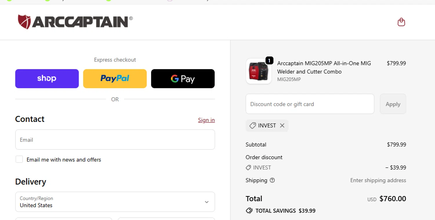 Arccaptain discount code screenshot showing code INVEST applied at Arccaptain checkout page. Uploaded by SimplyCodes community member Loki_Odinson on Sep 25, 2025