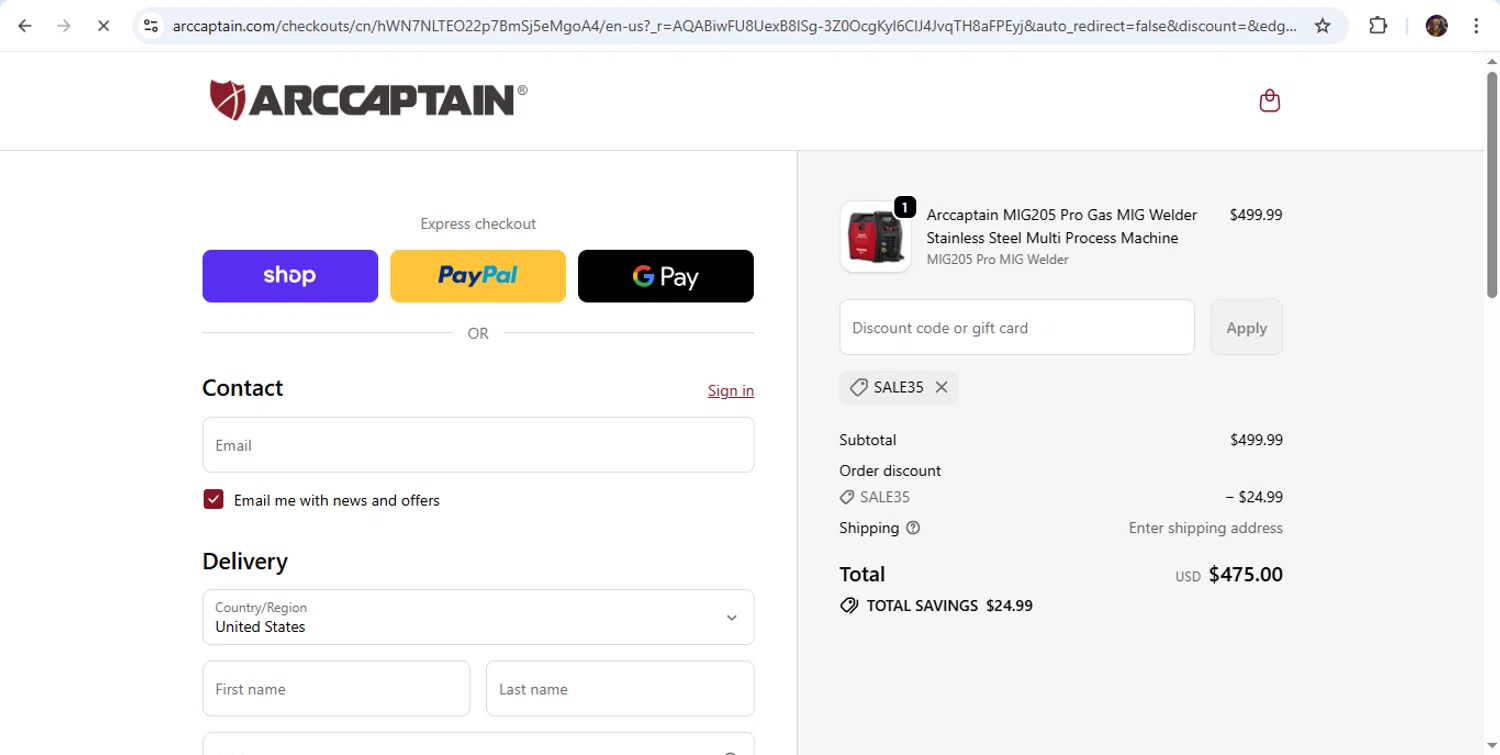 Arccaptain checkout page showing Arccaptain discount code box | Screenshot taken by SimplyCodes community member on Jan 8, 2026