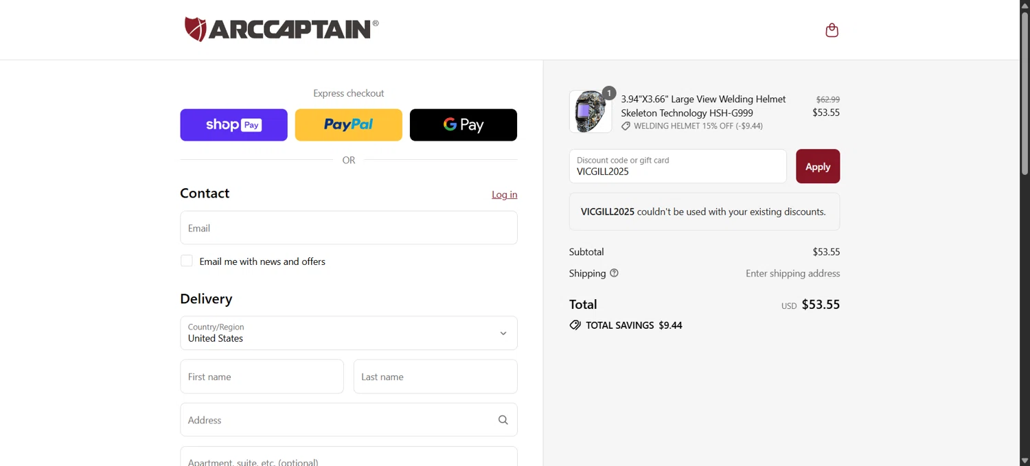 Arccaptain discount code screenshot showing code VICGILL2025 applied at Arccaptain checkout page. Uploaded by SimplyCodes community member GoldEagle5421 on Aug 10, 2025