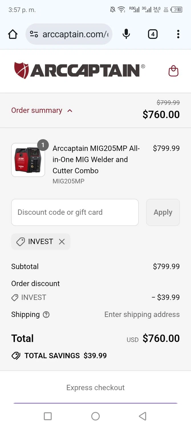 Arccaptain discount code screenshot showing code INVEST applied at Arccaptain checkout page. Uploaded by SimplyCodes community member shark12 on Aug 5, 2025