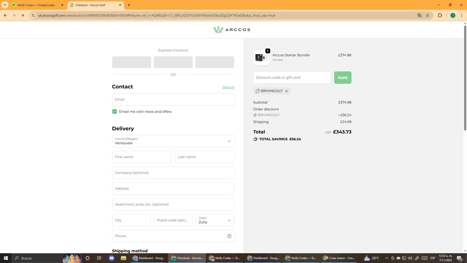Arccos Golf discount code screenshot showing code Bryangolf applied at Arccos Golf checkout page. Uploaded by SimplyCodes community member DealScout5970 on Nov 7, 2025