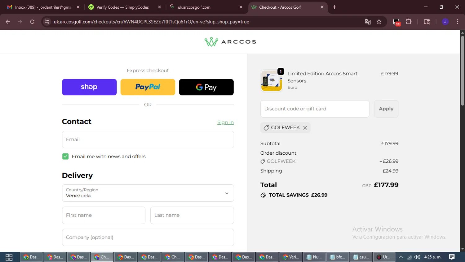 Arccos Golf discount code screenshot showing code GOLFWEEK applied at Arccos Golf checkout page. Uploaded by SimplyCodes community member LegendaryLegend9872 on Oct 17, 2025