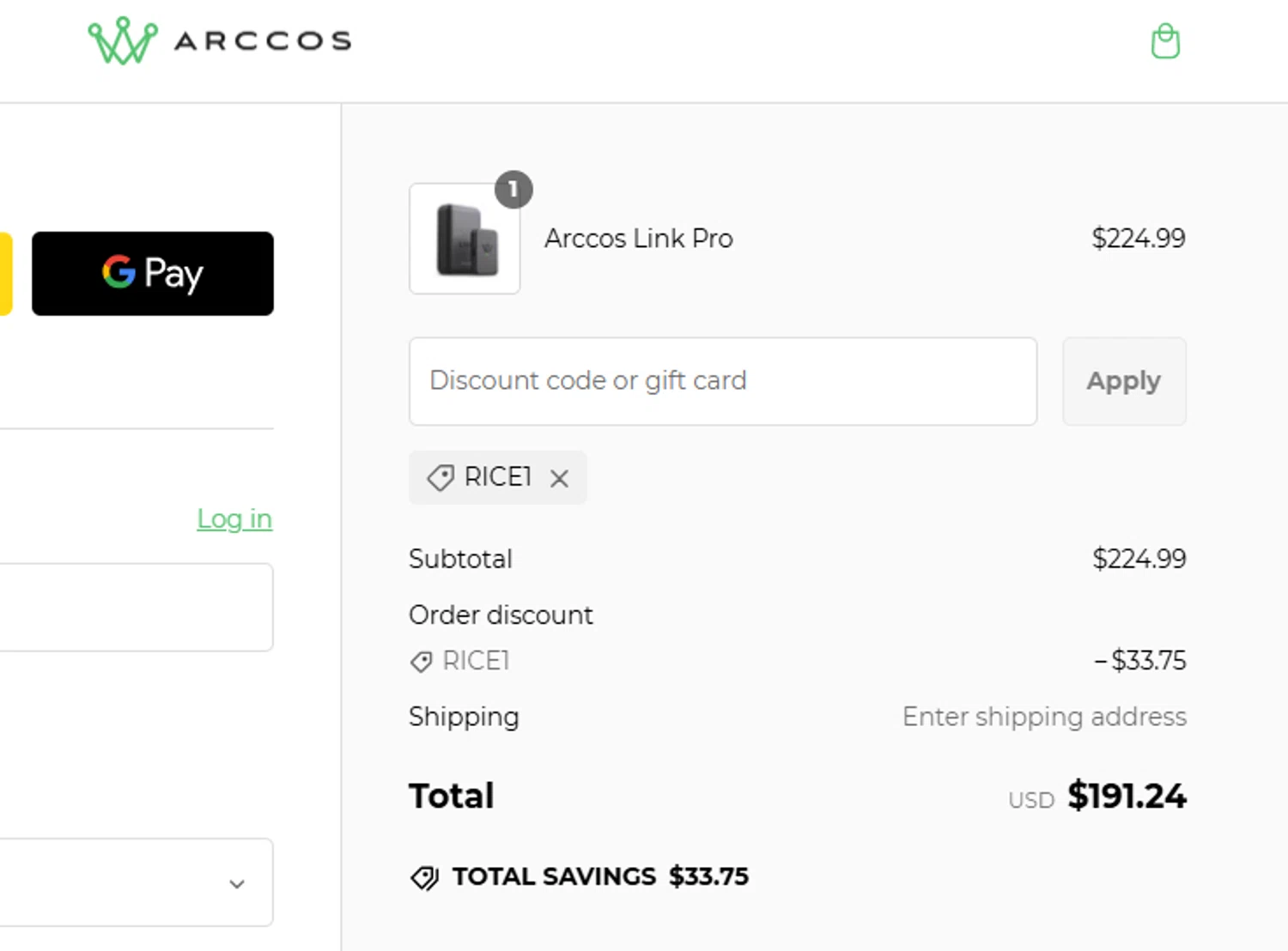 Arccos Golf discount code screenshot showing code RICE1 applied at Arccos Golf checkout page. Uploaded by SimplyCodes community member WiseLegend5590 on Feb 19, 2025
