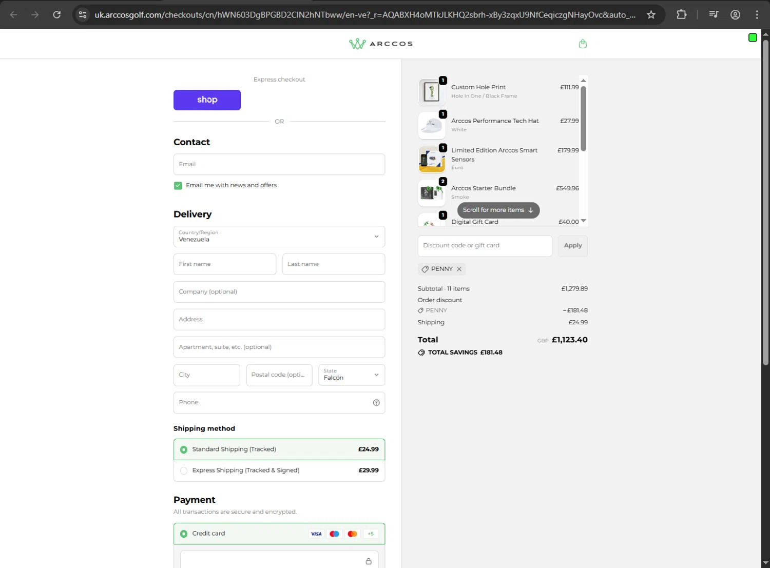 Arccos Golf discount code screenshot showing code PENNY applied at Arccos Golf checkout page. Uploaded by SimplyCodes community member megagei on Dec 3, 2025